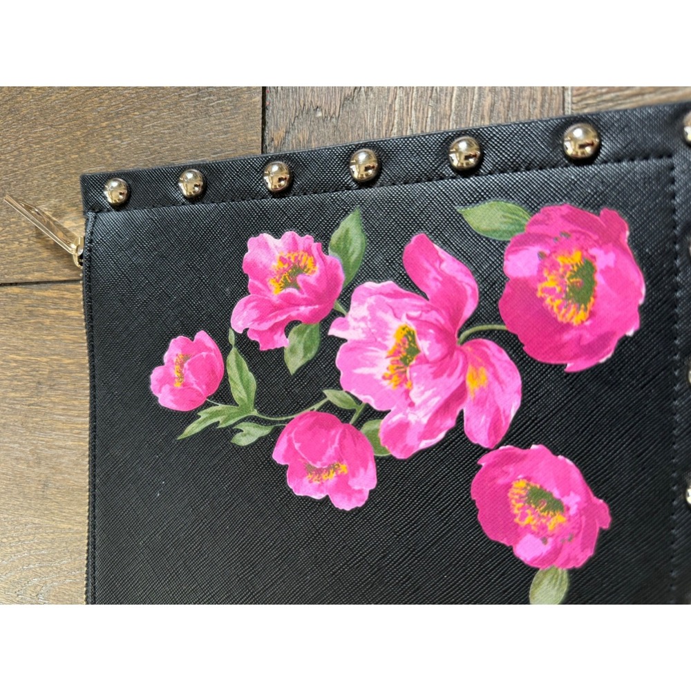 White House Black Market Wristlet Black Finish With Gold Studs & Floral Design - Picture 7 of 8